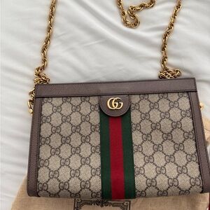 Authentic Gucci Beige and Brown Shoulder Bag with Gold Chain